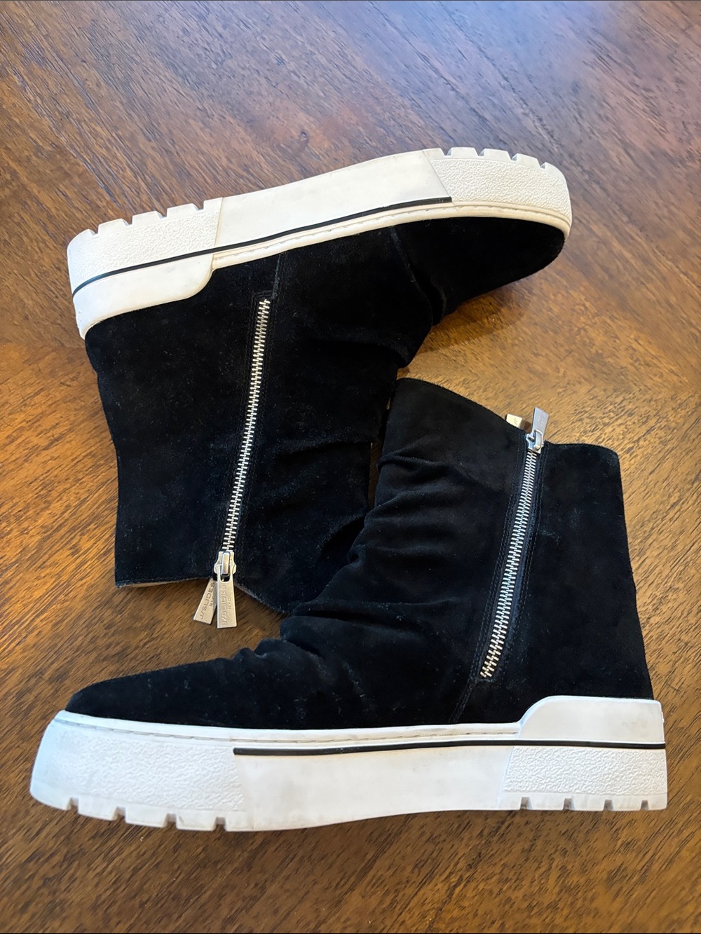 J/SLIDES Black Suede Platform Zip Booties with White Soles